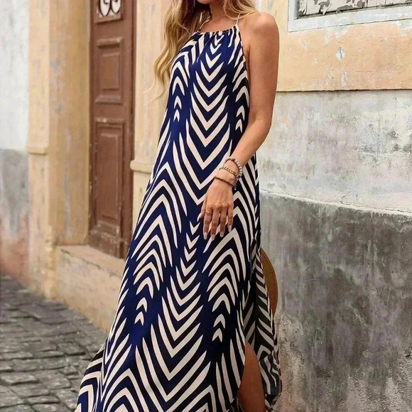 Multicolor Sexy Women's Halter Fringe Tie Backless High Split Print Dress - Picture 3 of 6